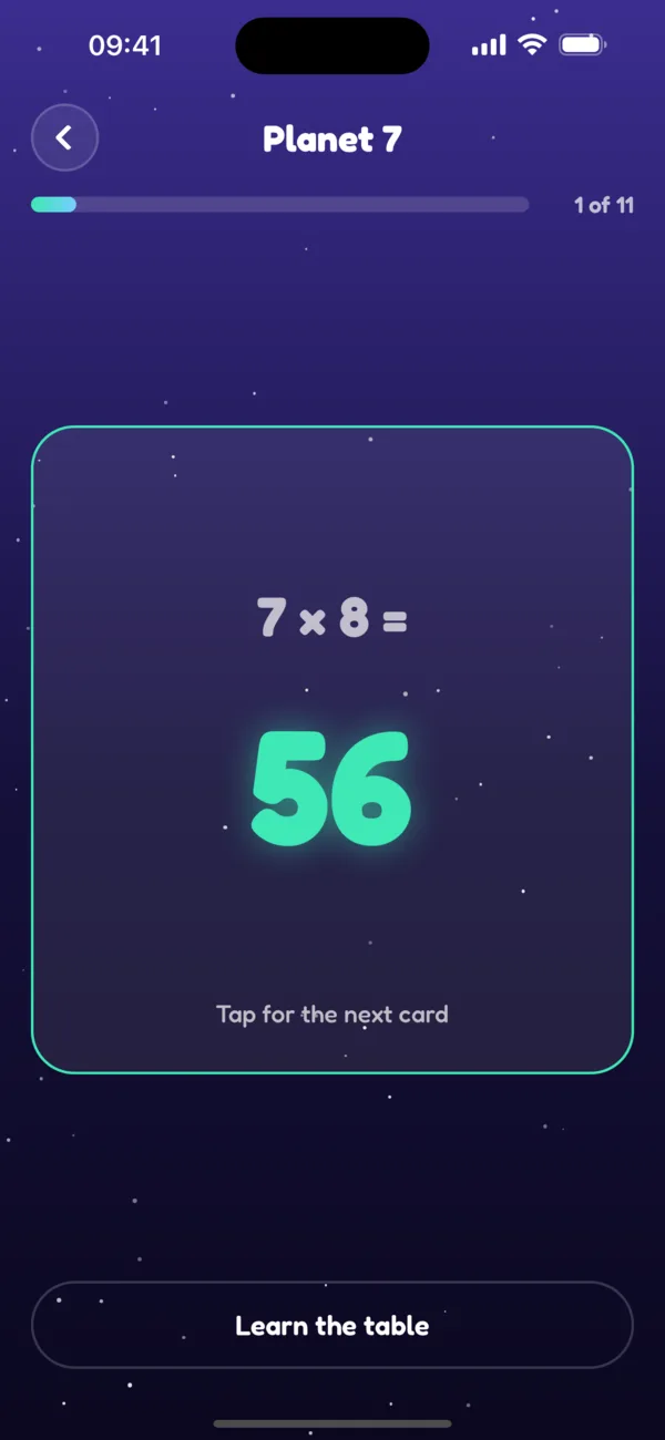 A flip card showing 7 × 8 = 56