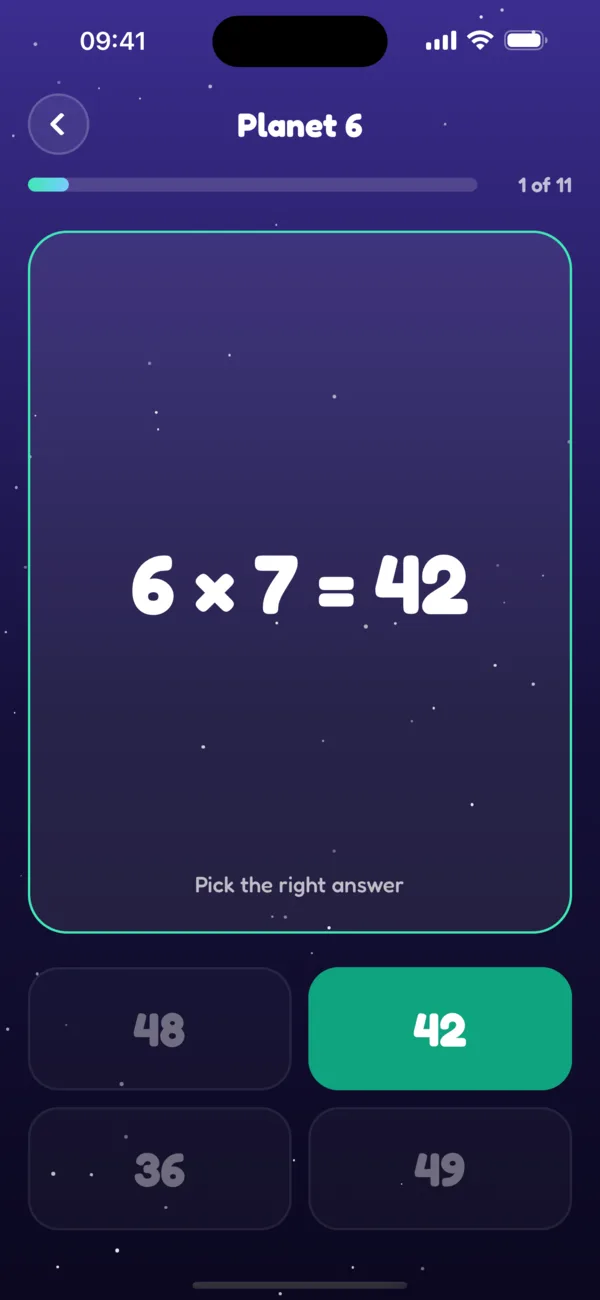 Quiz asking 6 × 7 with four answers