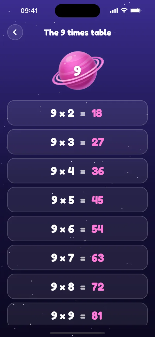 The 9 times table in the app