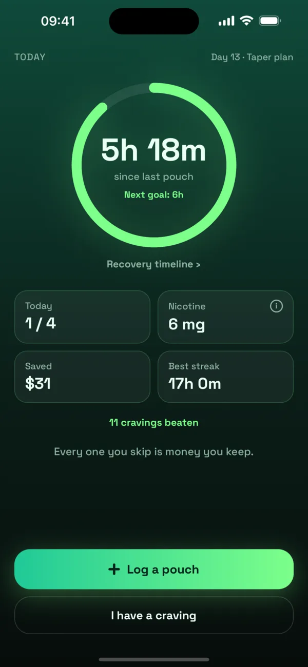 Nicout home screen with the nicotine-free clock