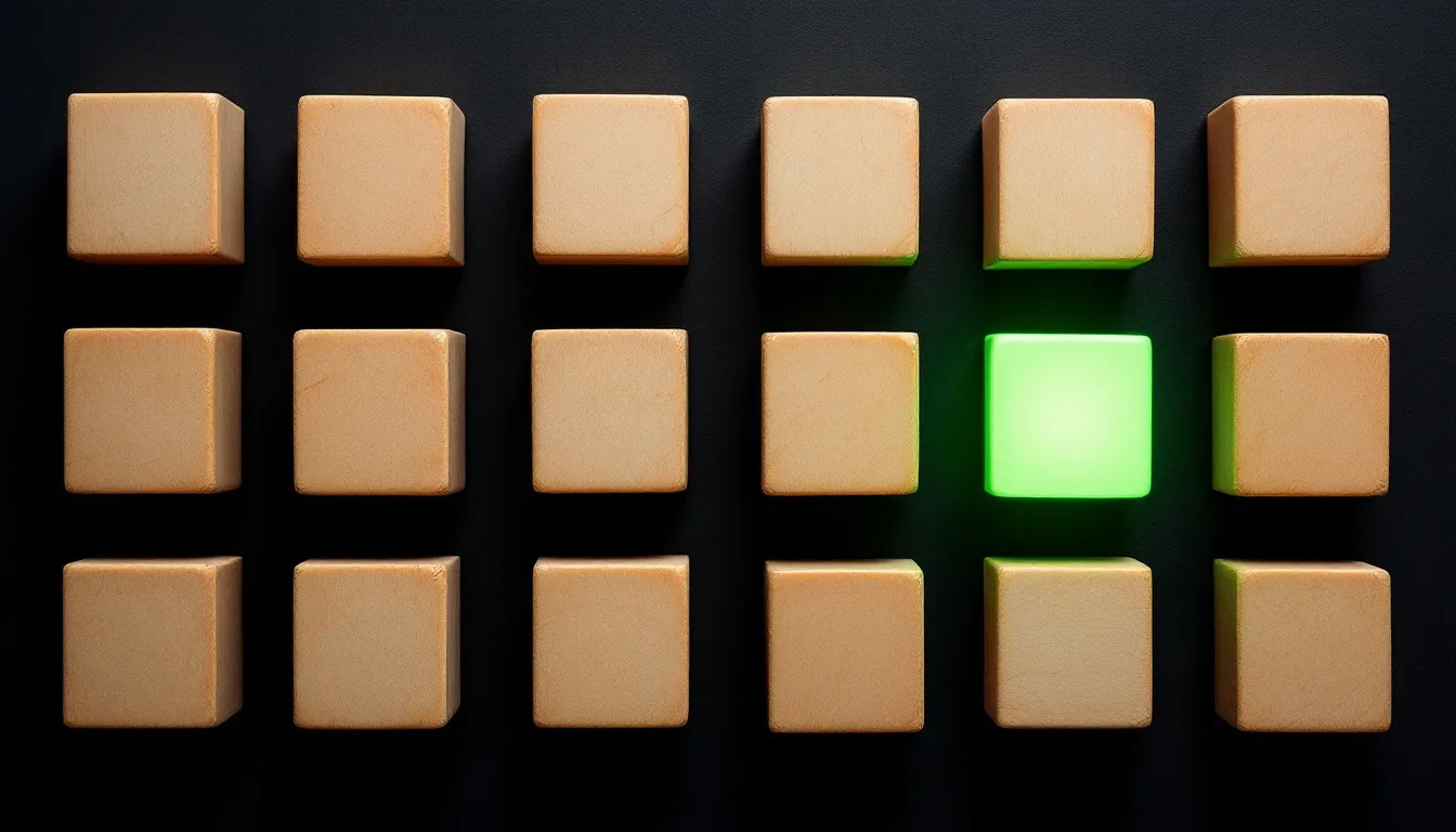 Wooden blocks arranged in a grid with one glowing green block